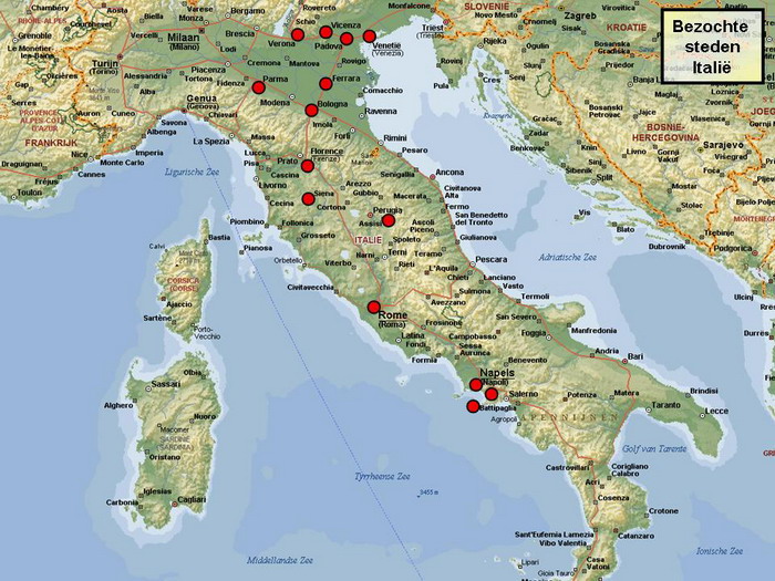 Kaart Italië bezocht ik reeds 4 keer waaronder 2 keer met mijn school. Zowat alle grote en kleine culturele steden zoals Rome, Venetië, Firenze, Napoli, Sienna, San Gimignano, Parma, Bologna, Verona, Padua, ... en de Romeinse sites Ostia, Tivoli, Pompeii en Herculaneum heb ik ondertussen kunnen bezoeken. Stefan Cruysberghs